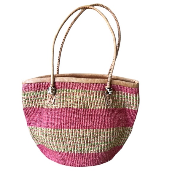 Kenyan Pink Green Tan Hand Woven Sisal & Leather Beaded Straw Zipper Tote Bag - Picture 4 of 15